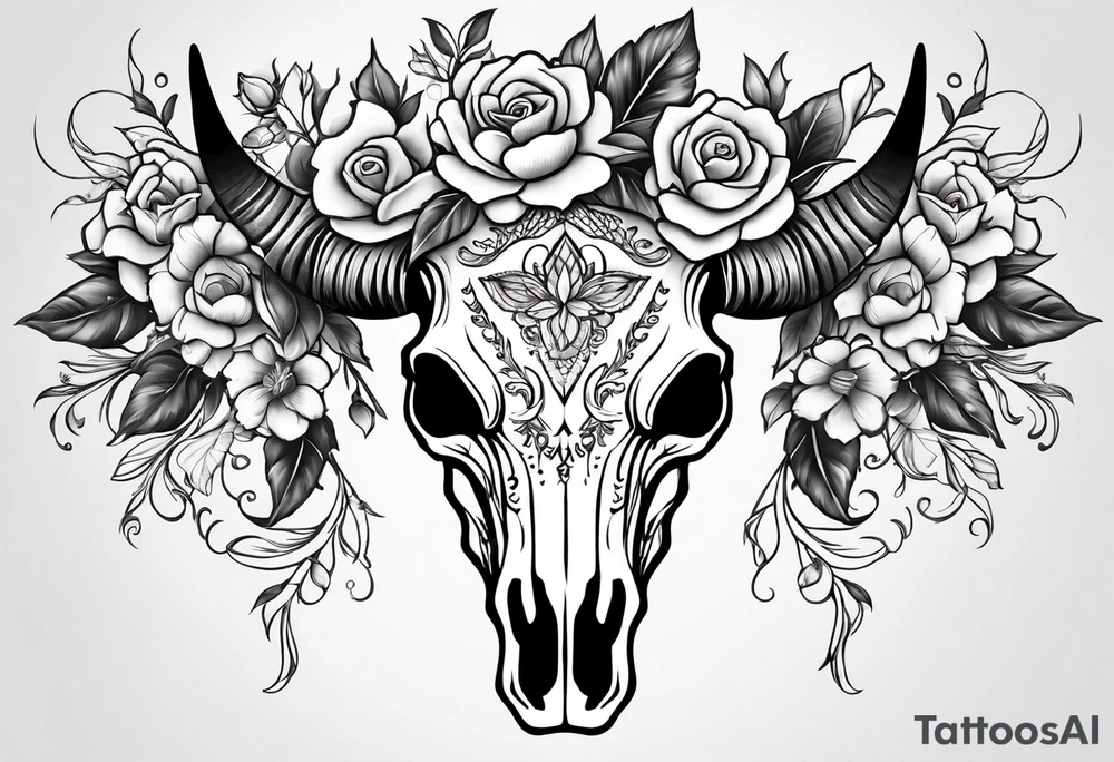 bull skull with flowers tattoo idea