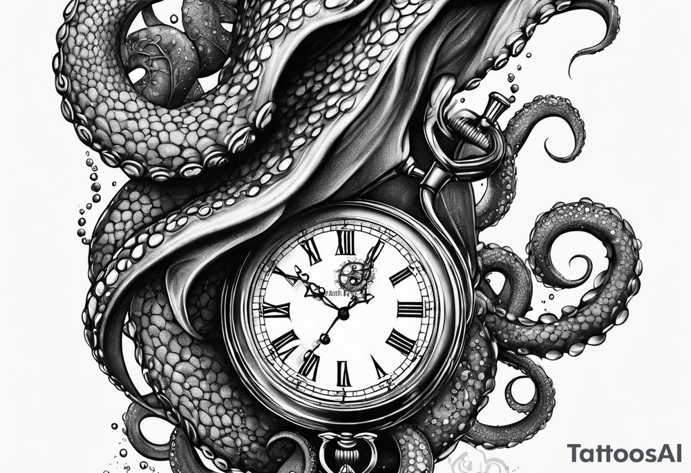 to be drawn in the arm, pocket watch wrapped under an aggressive octopus in side view tattoo idea