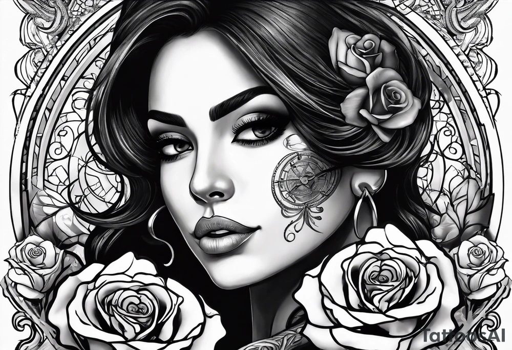 Hispanic/ Latin  woman  with half skull,  roses, loving heART, strength,  cancer zodiac sign  , time heals all tattoo idea