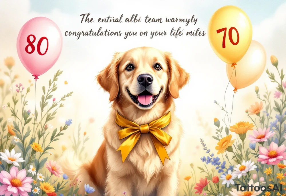 Imagine a golden retriever sitting in the middle of a blooming meadow, surrounded by soft sunlight and pastel-colored flowers. The dog has a large golden ribbon tied around its neck and cheerful balloons floating beside it, with the numbers "80" and "70" clearly displayed. Its expression is joyful and full of warmth. Above the scene, in elegant handwriting, a message reads:
“The entire Albi team warmly congratulates you on your life’s milestone!”
The overall style is soft, watercolor-inspired, perfect for a heartfelt greeting card filled with gentleness and gratitude. tattoo idea