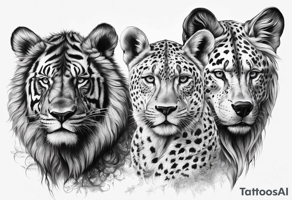 uma leoa, um leao e seus dois filhotes dentro de um retangulo tattoo idea