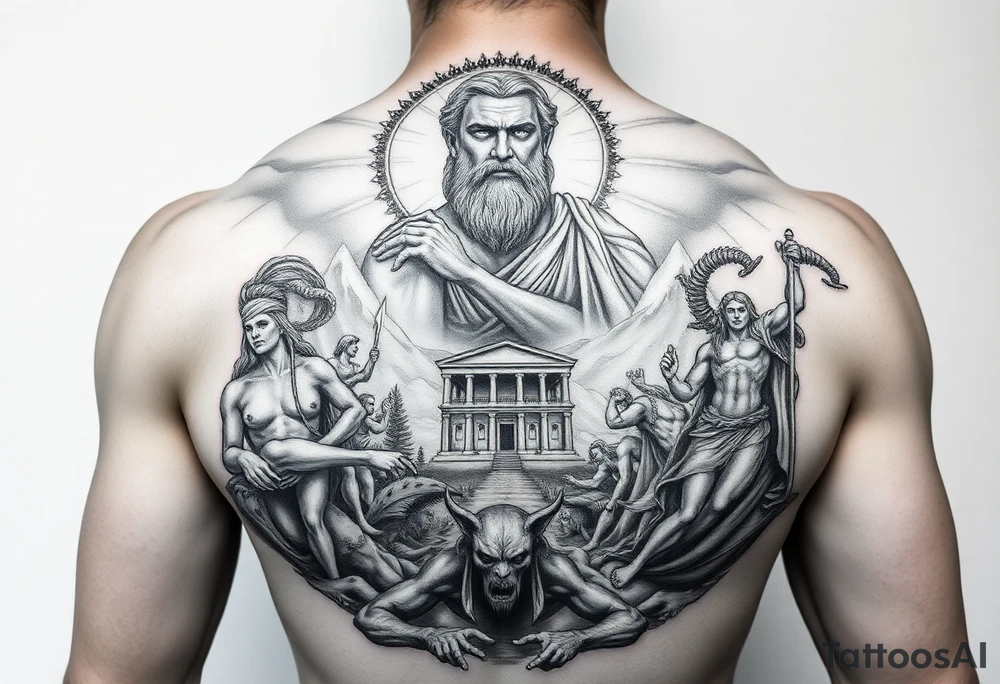 Realism Full chest peice including the Greek gods with zues on his throne looking down from the mountain casting judgement on the people add lighting and Mount Olympus and a temple and a battle scene make zues muscular add hades Medusa and minatour tattoo idea