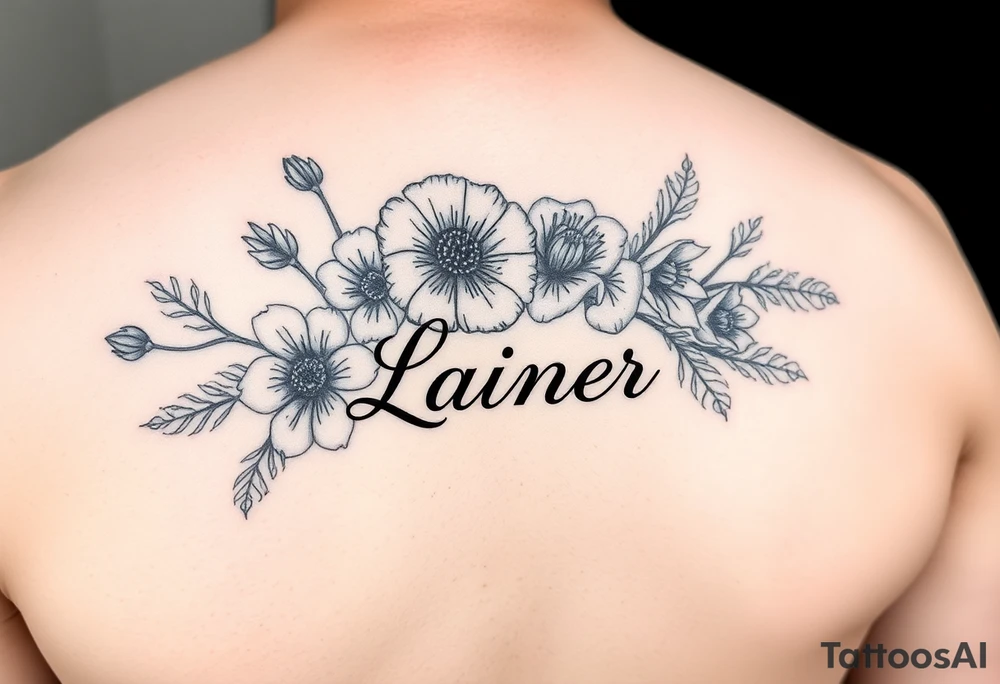 Birth flowers for the month of January February March May, June, July, August, November, and the name Lanier in cursive between the flowers on forarm sleeve tattoo idea