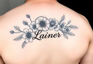 Birth flowers for the month of January February March May, June, July, August, November, and the name Lanier in cursive between the flowers on forarm sleeve tattoo idea