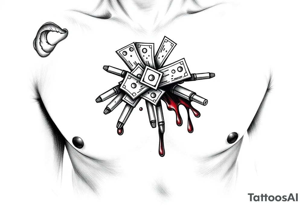 Gangster tattoo with money, bullets, and blood with room for text tattoo idea