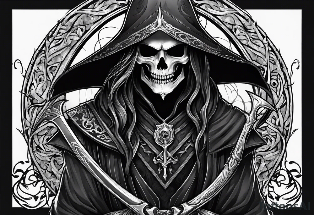 necromancer guy with Scythe and white eyes small tattoo tattoo idea