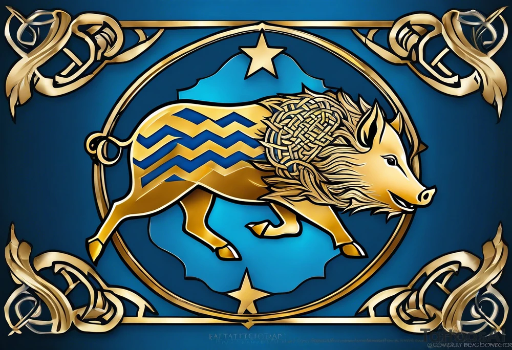 Side profile, Celtic, tribal, wild boar, On a Chatwin family crest with blue background, two gold stars, and a gold Chevron, and a Thistle tattoo idea