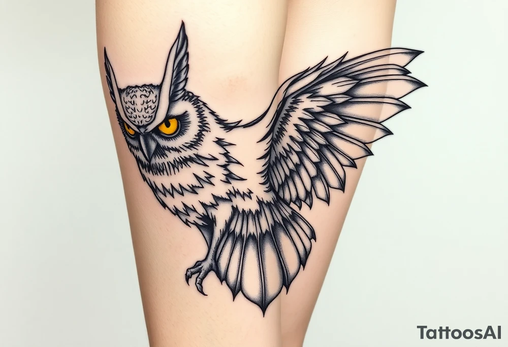 demonic owl with yellow eyes, back of leg, one wing spread wide out and the other wing wrapped inward, face covers back of calf and wing wraps around one side, wing is very large and detailed on one side tattoo idea