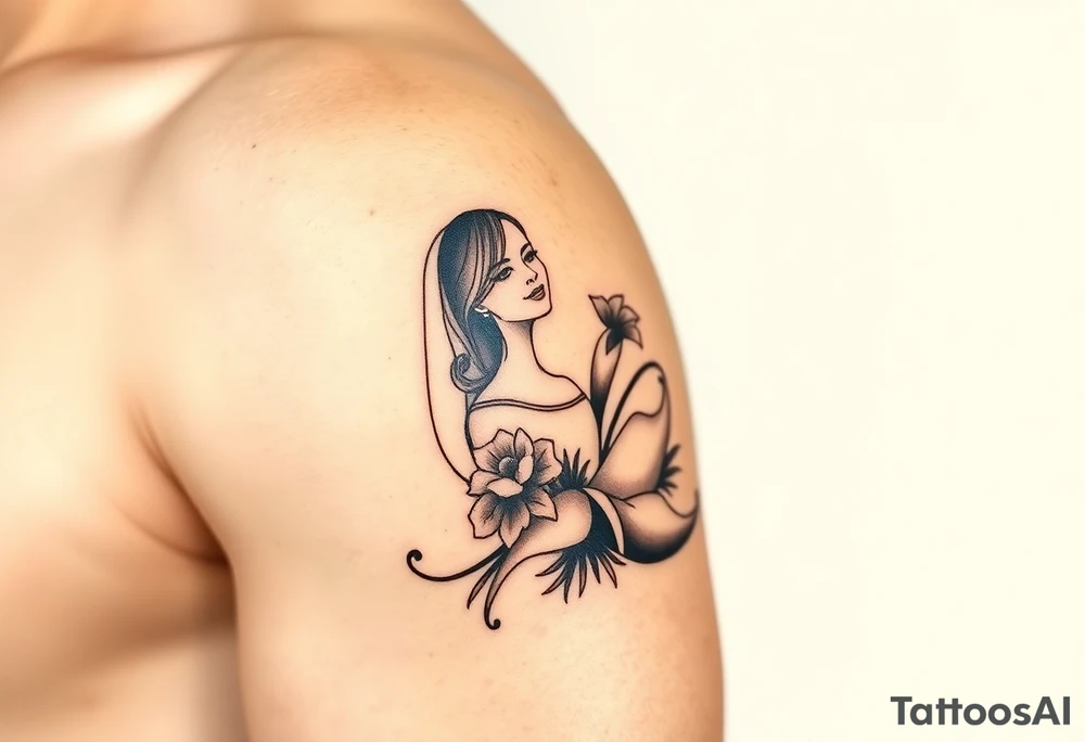 A softly shaded vintage-style illustration of a bride and groom, with sepia tones for an old-world charm tattoo idea