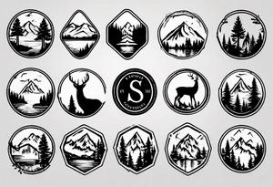 A logo for an outdoors company that includes an "S" and an "M". Includes a mountain, a lake, some trees, and a deer tattoo idea