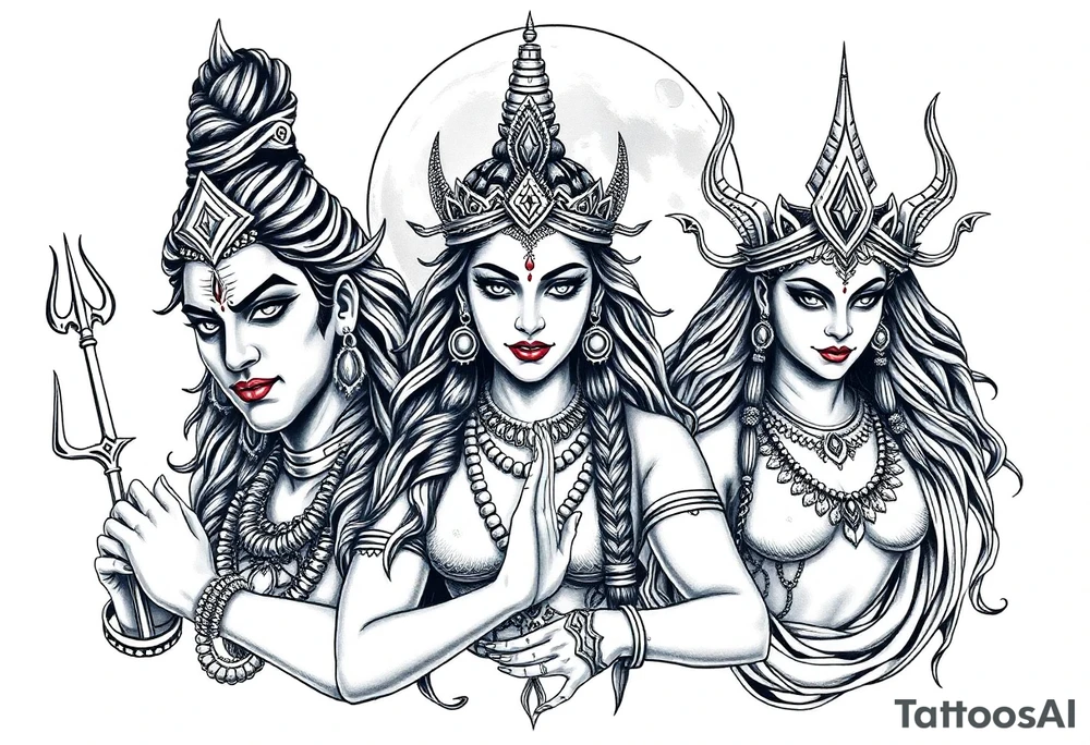 Lord Shiva, Godess Kali, Godess Lilith Together with the moon in the background tattoo idea