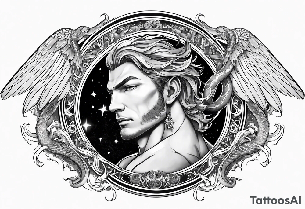 Lucifer (half male angel and half snake) wraps the moon in the sky tattoo idea