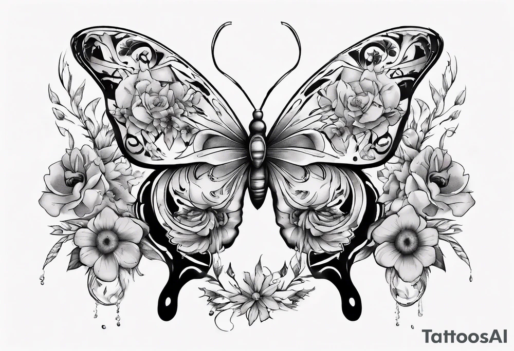 Butterfly wrap tattoos with moon and floral theme tattoo idea