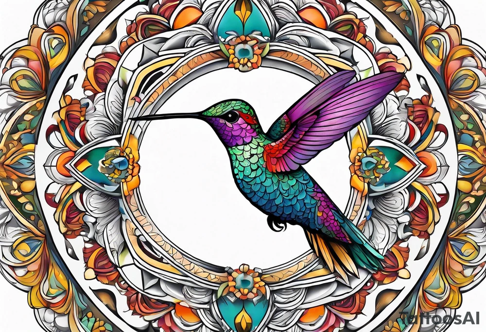 Mandala with colorful hummingbird 3d tattoo idea
