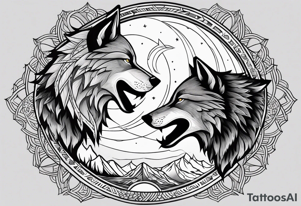 Two wolves—Sköll and Hati—one chasing the sun and the other chasing the moon. You could position them on opposite sides of a circular design with the sun rising and the moon setting at the top and bottom. tattoo idea