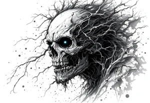 Create a horror themed sleeve tattoo in a realism style black and grey. tattoo idea