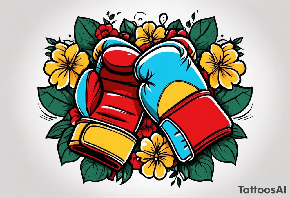 boxing gloves and flowers around the gloves  bold colors traditional old school vintage
banner tattoo idea