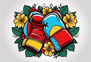 boxing gloves and flowers around the gloves  bold colors traditional old school vintage
banner tattoo idea