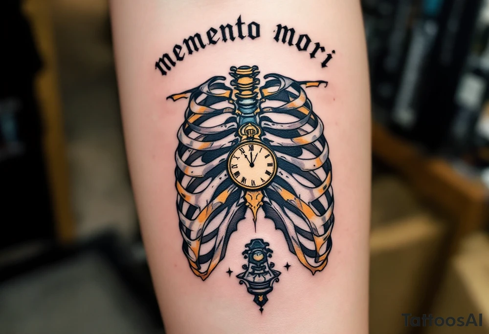 A detailed ribcage split open to reveal a golden clock, "memento mori" in bold black Roman script above. tattoo idea
