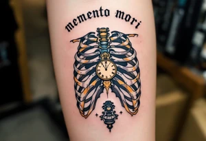A detailed ribcage split open to reveal a golden clock, "memento mori" in bold black Roman script above. tattoo idea