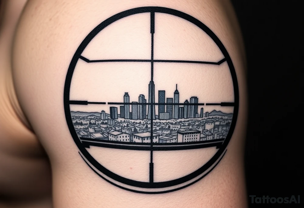 scope crosshairs with eerie Los Angeles city horizon in background tattoo idea