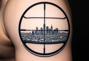 scope crosshairs with eerie Los Angeles city horizon in background tattoo idea