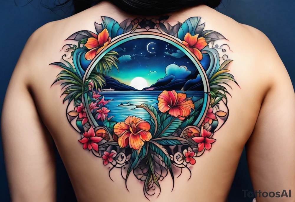 sea,, night, flower, palm, tattoo idea