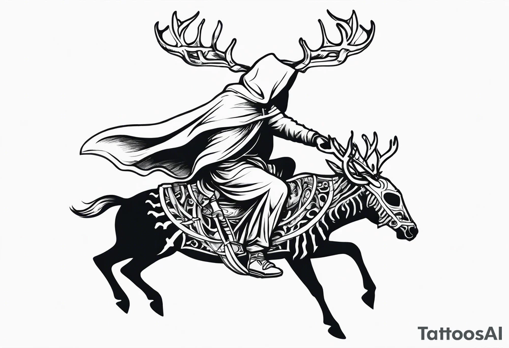 Hooded figure riding on a reindeer skeleton tattoo idea