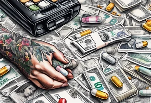 pills, drugs, euro bank notes and currency, bank cheques, police, walkietalkies tattoo idea