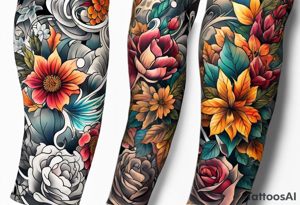 Full arm sleeve with fall colors, flowers, leaves and shapes tattoo idea