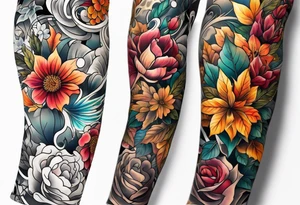 Full arm sleeve with fall colors, flowers, leaves and shapes tattoo idea