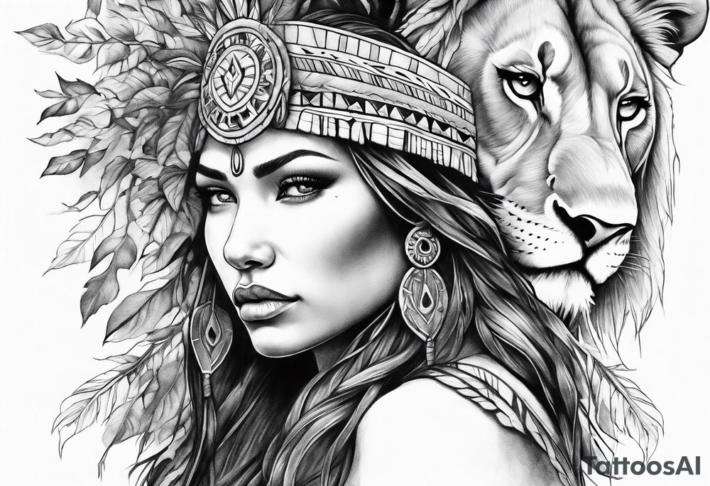 Native american Forest goddess looking down side profile  tree branches forming into her face male lions head facing her as to protect her middle arm sleeve tattoo idea