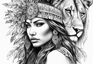 Native american Forest goddess looking down side profile  tree branches forming into her face male lions head facing her as to protect her middle arm sleeve tattoo idea