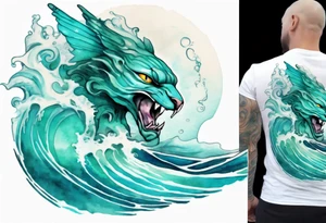 a beautiful turquoise sphinx emerging from an ocean wave, crashing onto the shore tattoo idea