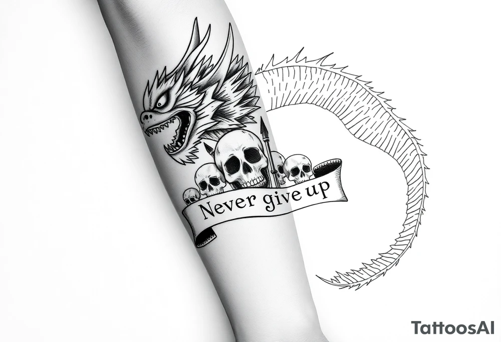i want a big dragon on the forearm that wraps around the forearm with its tail. No wings. I want to be chinese and looking angry. I want a skull or some skulls involved in the tattoo. I want a banner that has «Never give up» written on it in chinese letters. I want the numbers 99/04 somewhere on it aswell. need it to be really big and cover the whole forearm tattoo idea