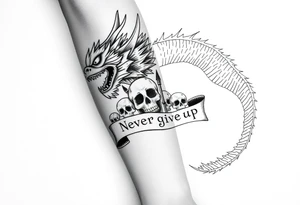 i want a big dragon on the forearm that wraps around the forearm with its tail. No wings. I want to be chinese and looking angry. I want a skull or some skulls involved in the tattoo. I want a banner that has «Never give up» written on it in chinese letters. I want the numbers 99/04 somewhere on it aswell. need it to be really big and cover the whole forearm tattoo idea