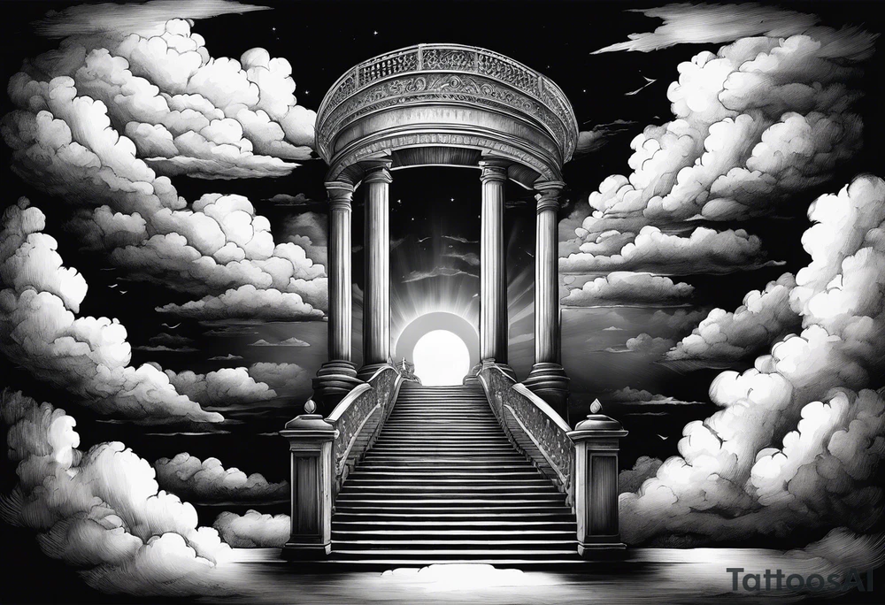 Staircase that leads through the clouds to heaven and ends at the gates of heaven. At the end there is a bright light tattoo idea