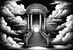 Staircase that leads through the clouds to heaven and ends at the gates of heaven. At the end there is a bright light tattoo idea