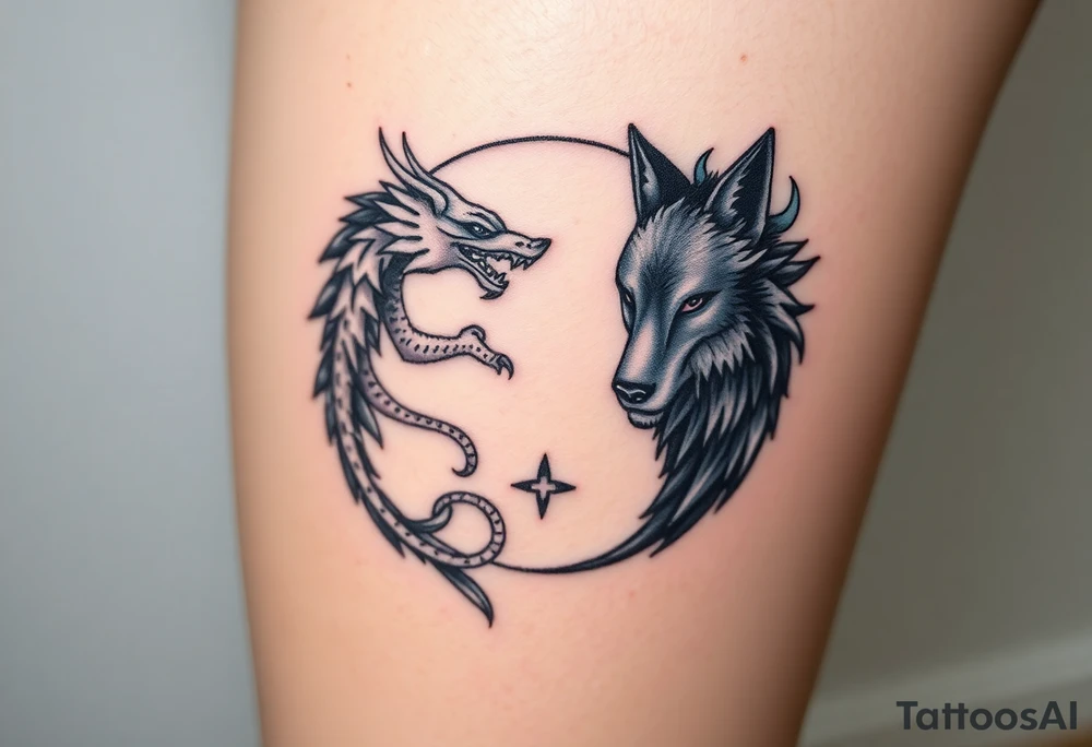 Ying yang symbol with one side a dragon and one side a wolf tattoo idea