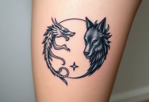 Ying yang symbol with one side a dragon and one side a wolf tattoo idea
