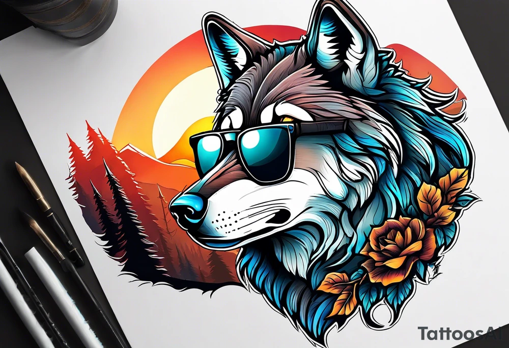 Badass wolf wearing sunglasses
Dark woods
Mountains
Sunset tattoo idea