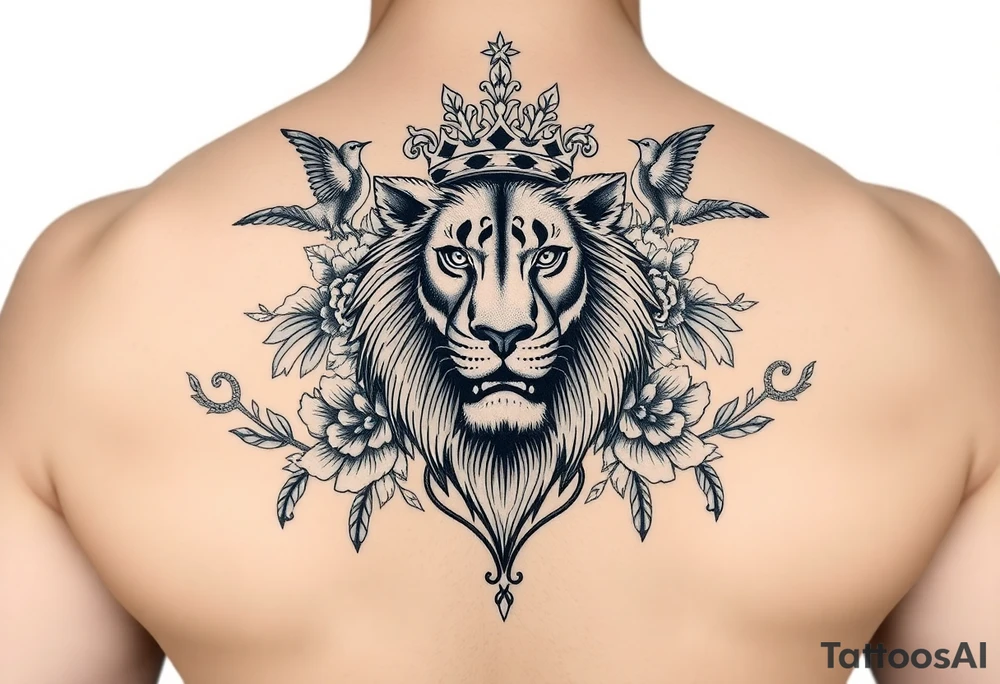 powerful majestic lion with a crown, surrounded by floral ornaments and birds tattoo idea