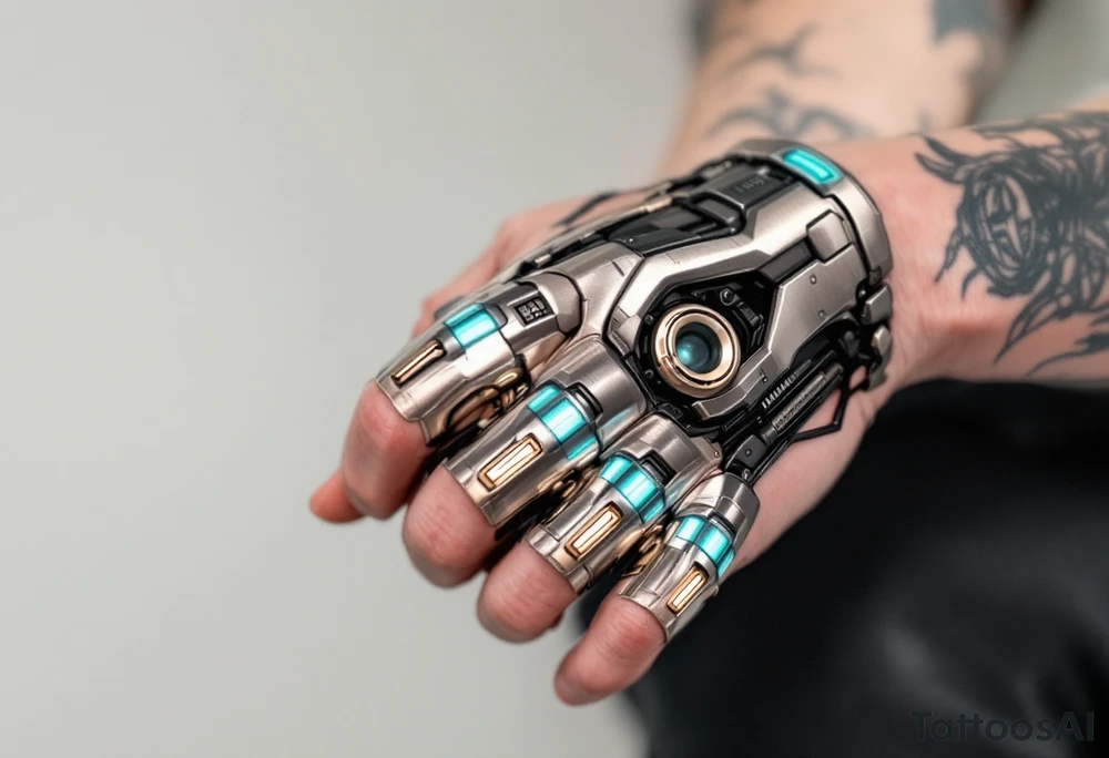 A tattooed mechanical glove with brushed silver plating and soft teal light strips running along the knuckles. tattoo idea
