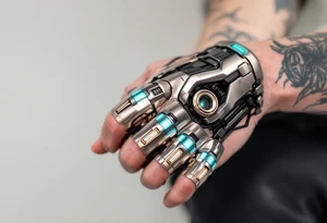 A tattooed mechanical glove with brushed silver plating and soft teal light strips running along the knuckles. tattoo idea