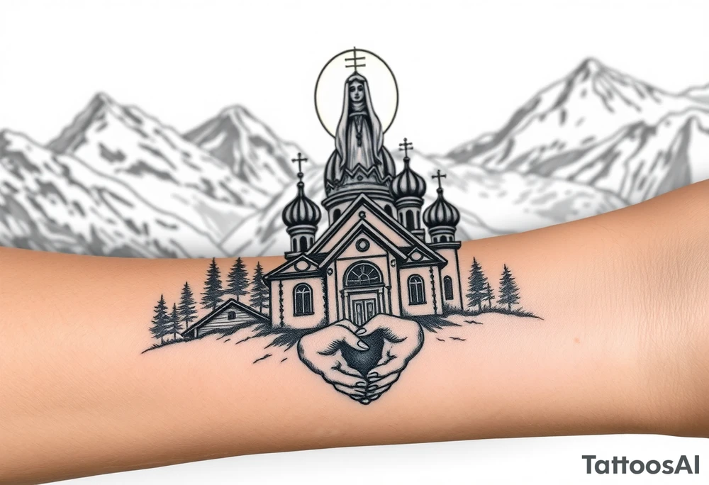 Russian Orthodox church with orthodox spire crosses in a mountainous village setting, with a holy glow around the church, and a virgin mary sat seperately above looking over hands on heart sat above tattoo idea
