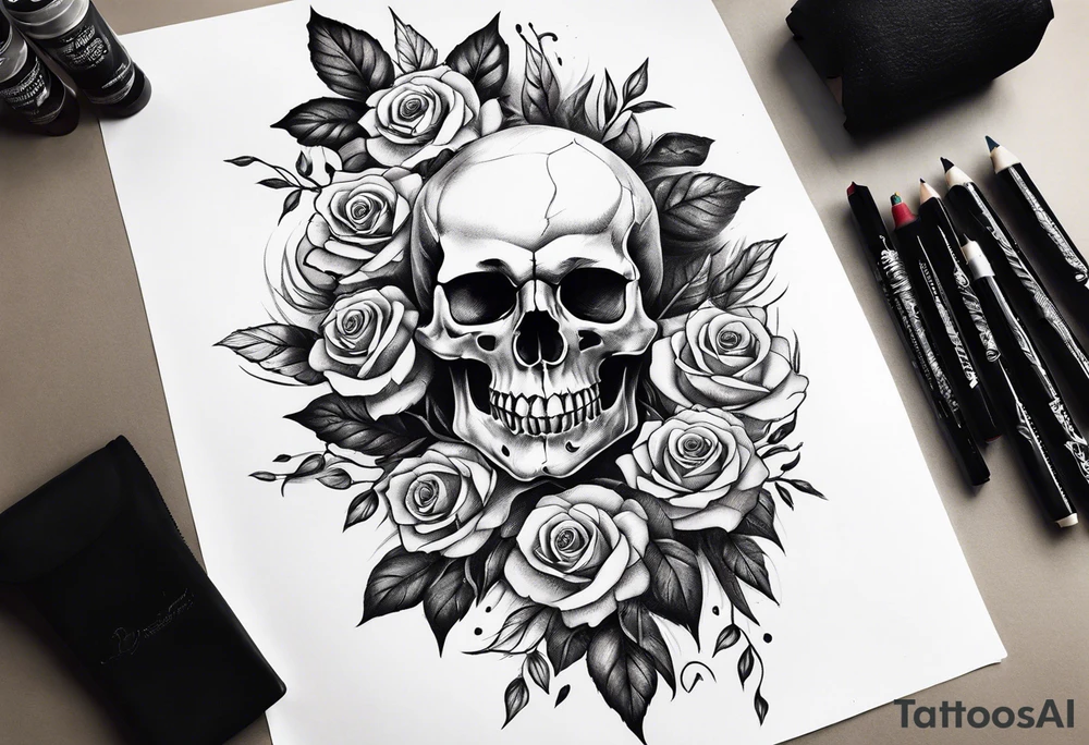 black upper arm sleeve skull rose tattoo idea