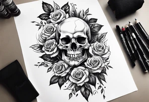 black upper arm sleeve skull rose tattoo idea