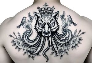 powerful majestic wolf octopus with a crown, surrounded by floral ornaments and birds tattoo idea