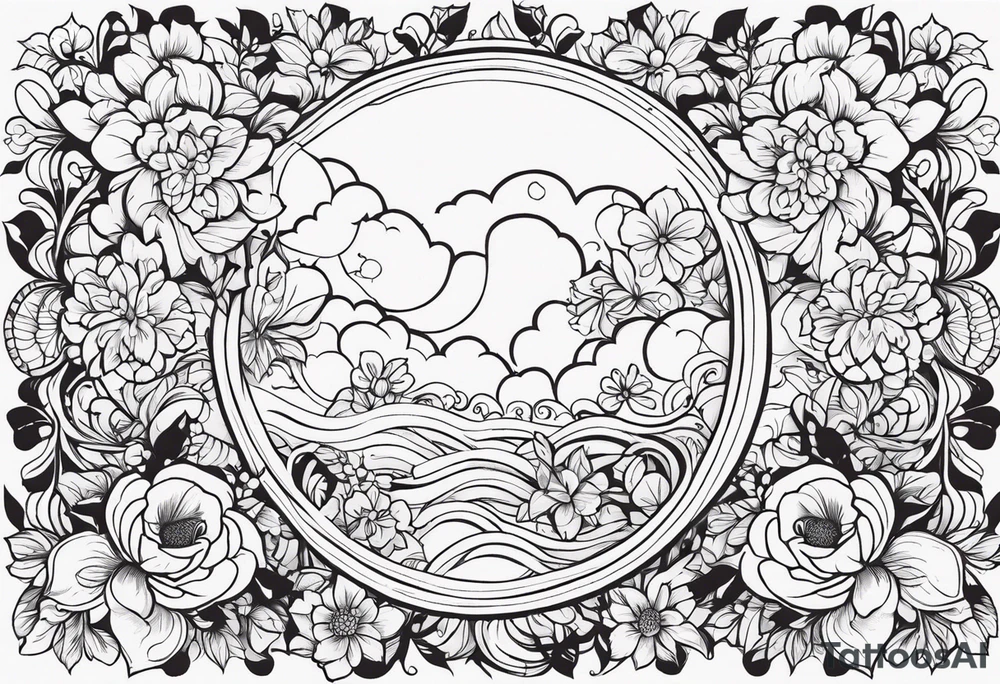 floral clouds circle vignette tattoo idea