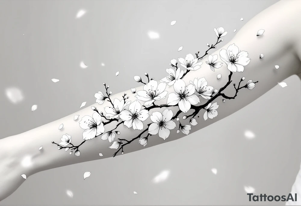 delicate cherry blossoms swirling in spring breeze with petals tattoo idea